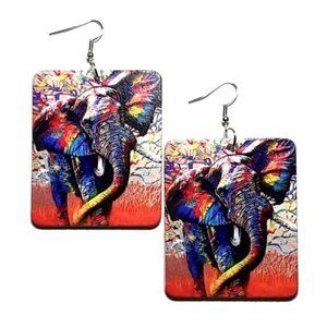 Spirit Animal ELEPHANT In Colors Rectangle Statement Dangle Wood Earrings